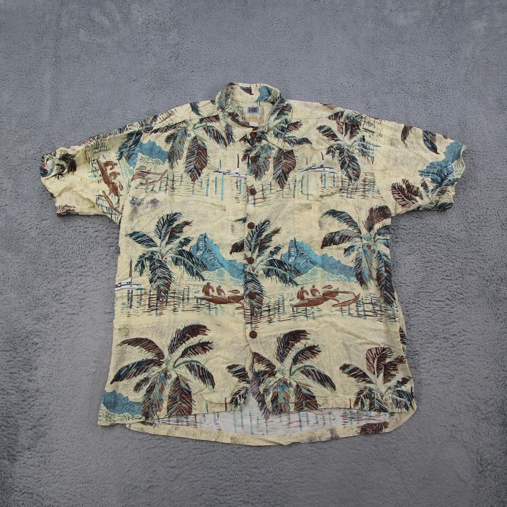 Avi Collection Kahala Hawaiian Shirt Mens Large Yellow Rayon Palm Tree Canoe M36